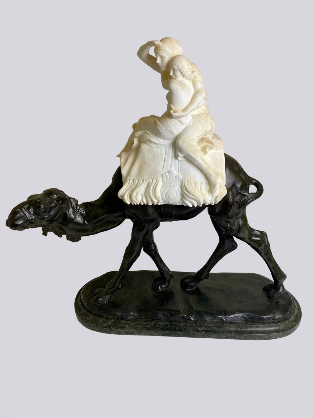 Alabaster & Bronze Sculpture of Couple Seated on a Camel, Italian, Alberto Saccardi, C. 1920s