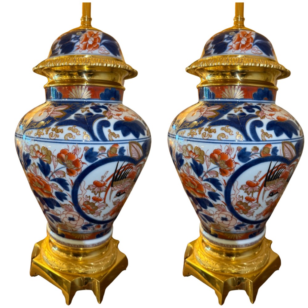 Pair of 19th Cent. Japanese Imari Vases & Lids, Converted to Lamps, C. 1880