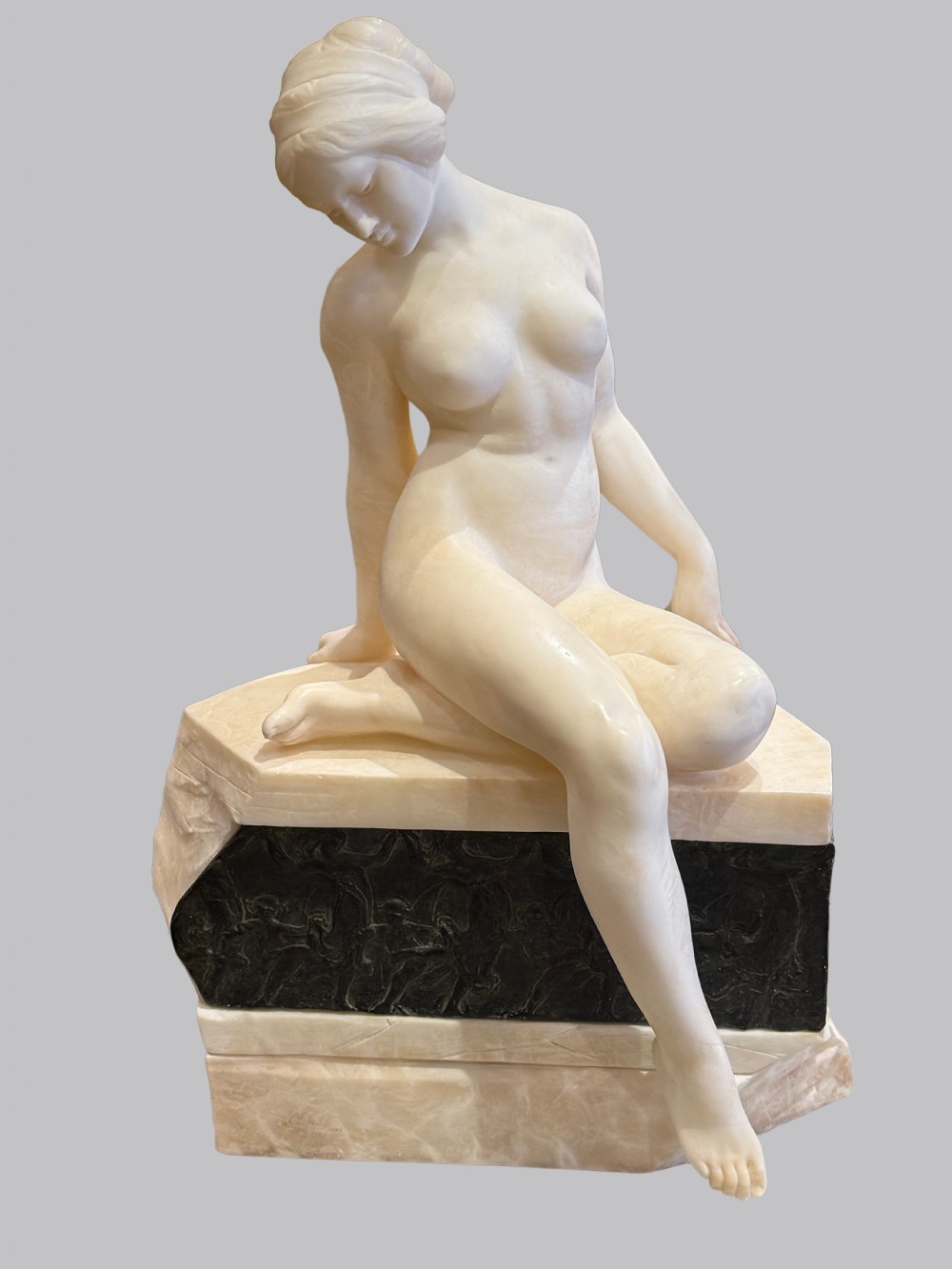 Early 20th Cent. Alabaster & Bronze Sculpture of a Seated Female Nude, By Emilio P. Fiaschi (Italian, 1858–1941)