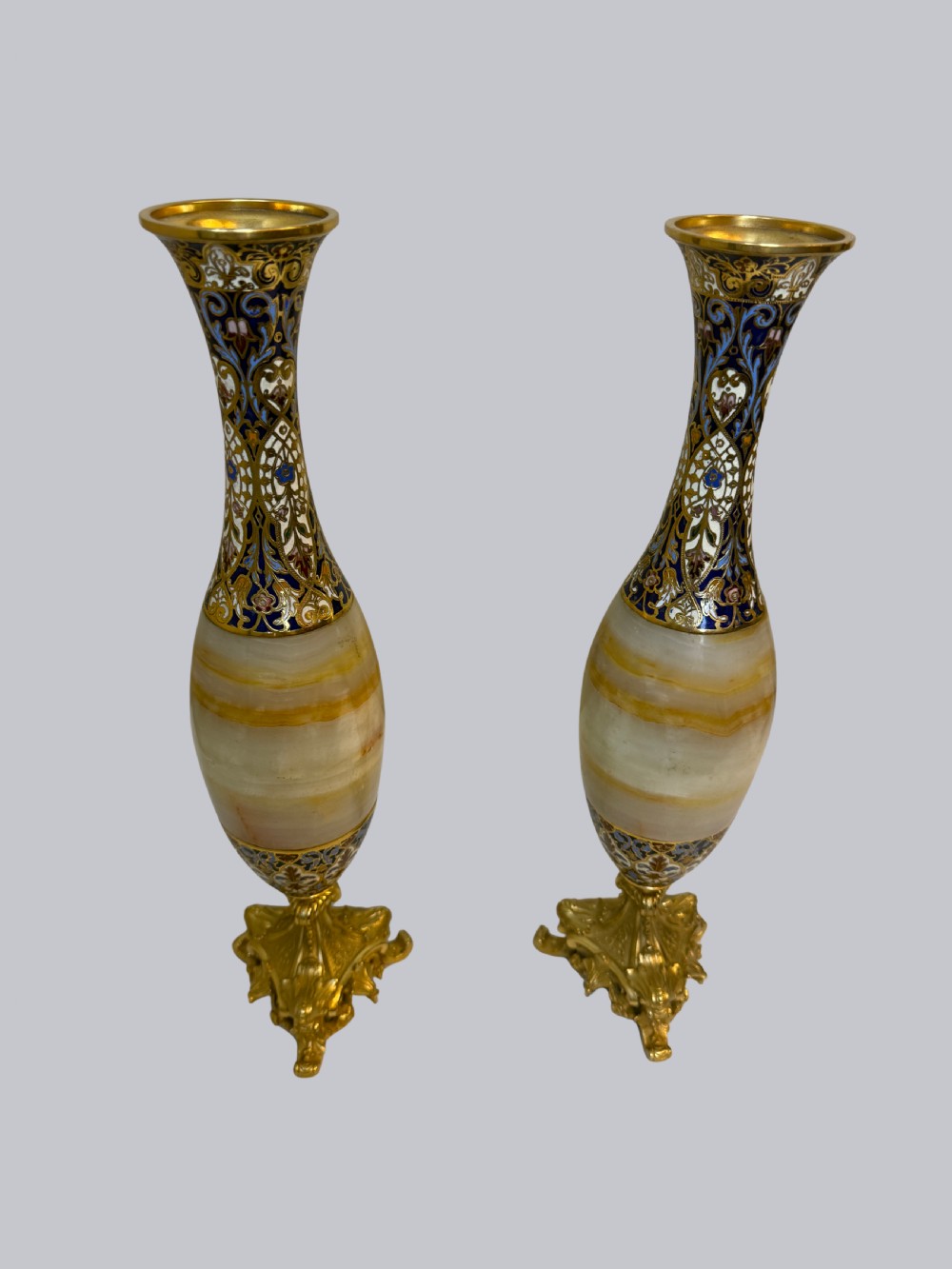 Pair of Ornate French Onyx and Champleve Vases on Bronze Gilt Bases