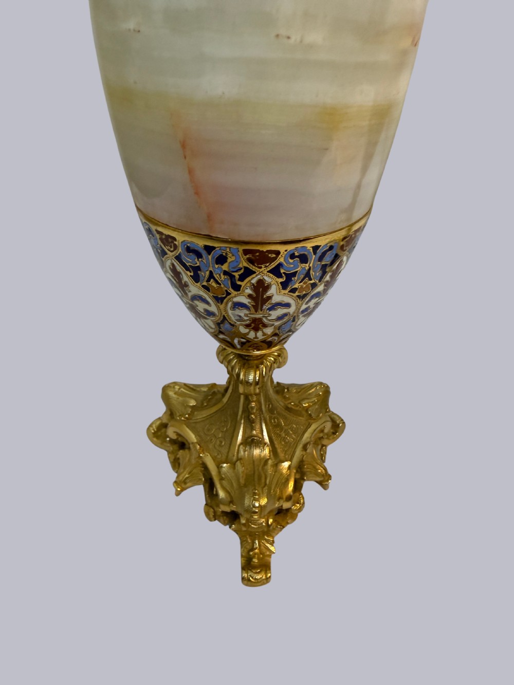 Pair of Ornate French Onyx and Champleve Vases on Bronze Gilt Bases View II