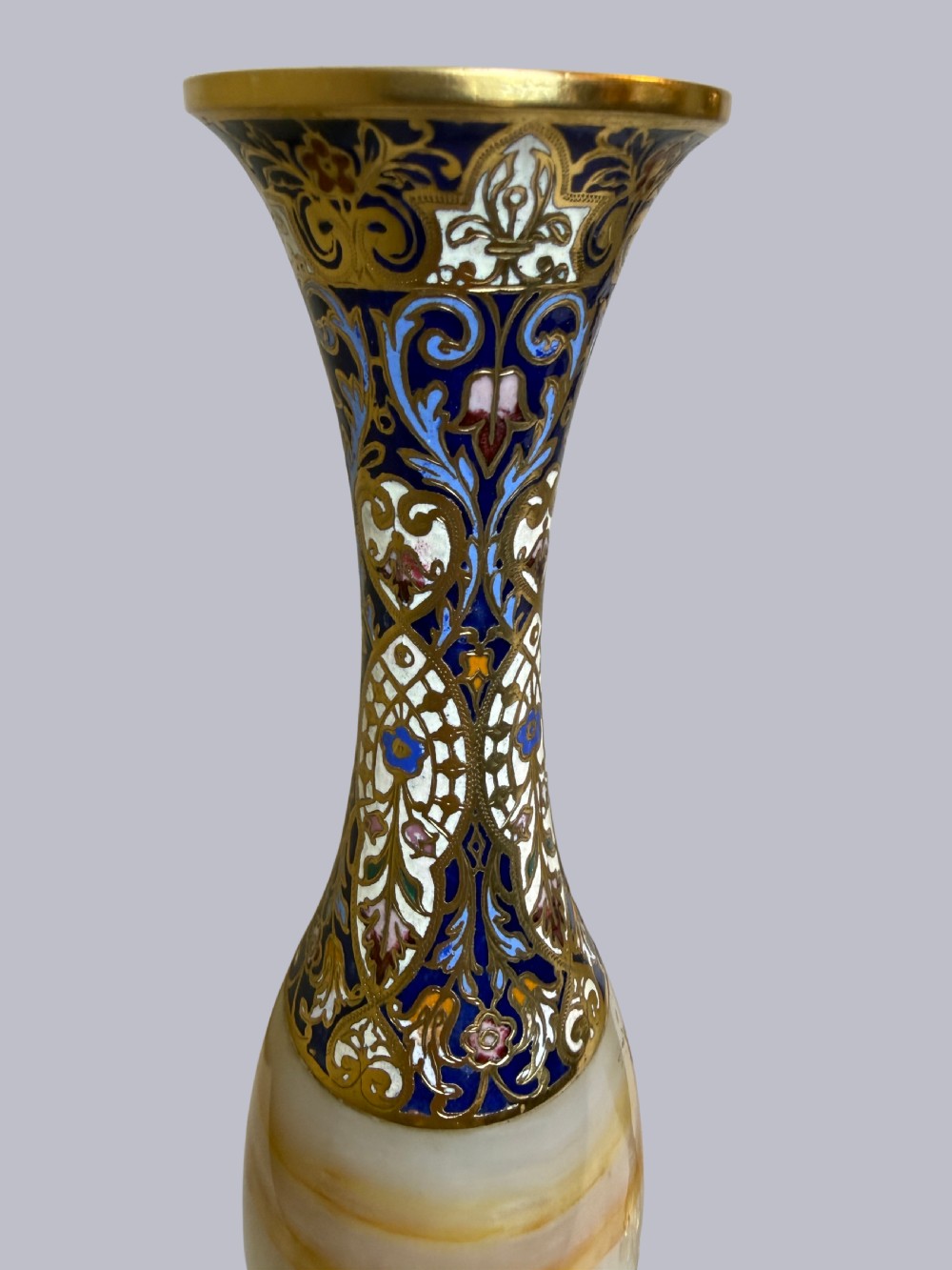 Pair of Ornate French Onyx and Champleve Vases on Bronze Gilt Bases View III