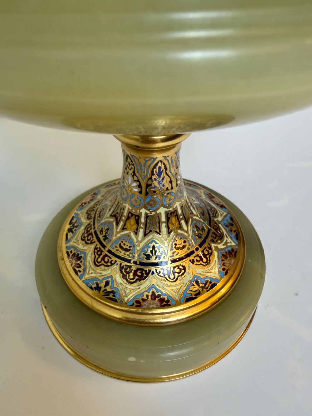 A 19th-century French green onyx centrepiece bowl on a pedestal base featuring twin scroll handles decorated with champleve enamel and gilt bronze mounts. View III