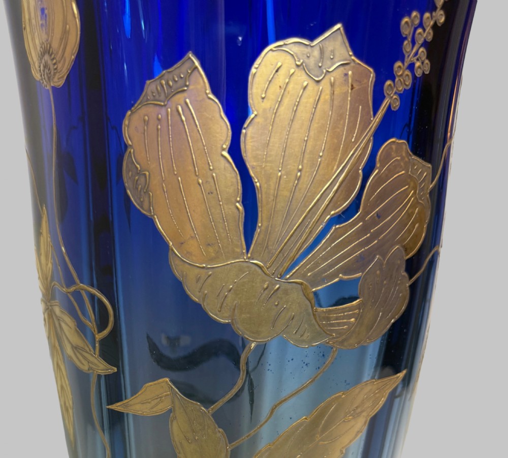 Superb Early 20th C. French Blue Glass Vase with Gilt Applique of Flowers Design View II