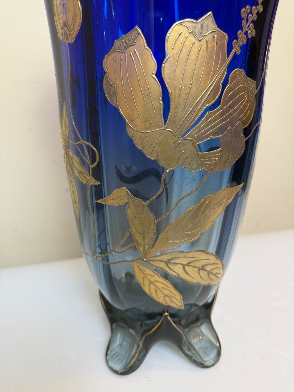 Superb Early 20th C. French Blue Glass Vase with Gilt Applique of Flowers Design View IV