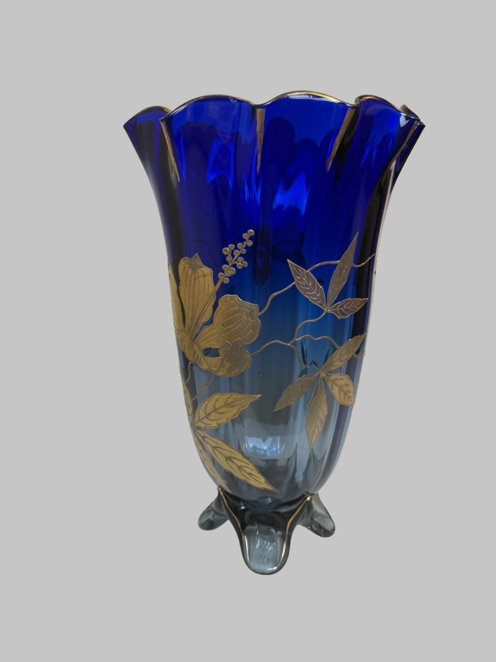 Superb Early 20th C. French Blue Glass Vase with Gilt Applique of Flowers Design View V