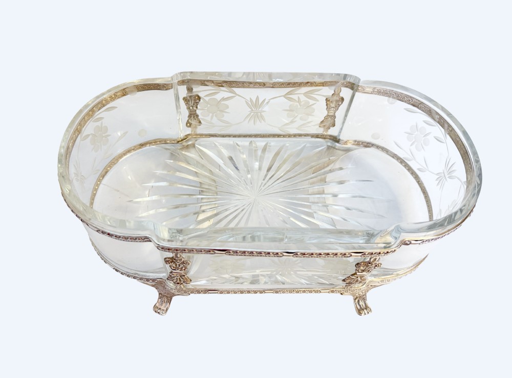 Turn of the Century Crystal and Silver Plate Jardinière  View II