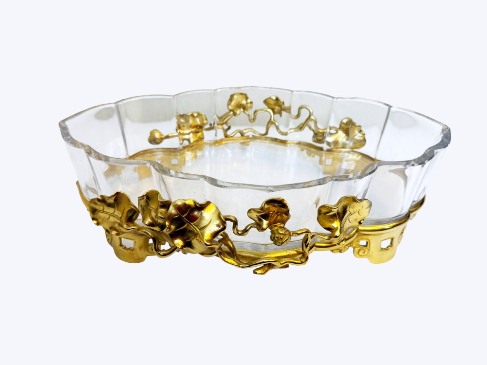 An oval crystal bowl set in an Art Nouveau gilt bronze frame adorned with sculpted leaves and organic vines. View II