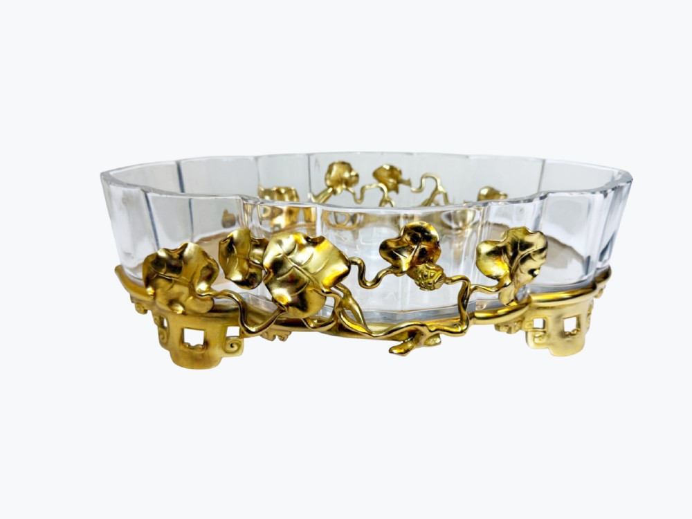An oval crystal bowl set in an Art Nouveau gilt bronze frame adorned with sculpted leaves and organic vines. View III