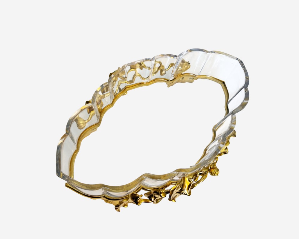 An oval crystal bowl set in an Art Nouveau gilt bronze frame adorned with sculpted leaves and organic vines. View IV