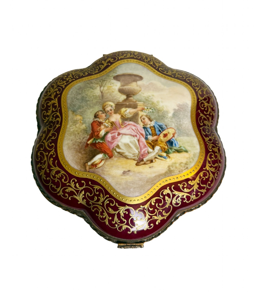 Antique Hand Painted Shaped Red Porcelain Box with Bronze Gilt Trim