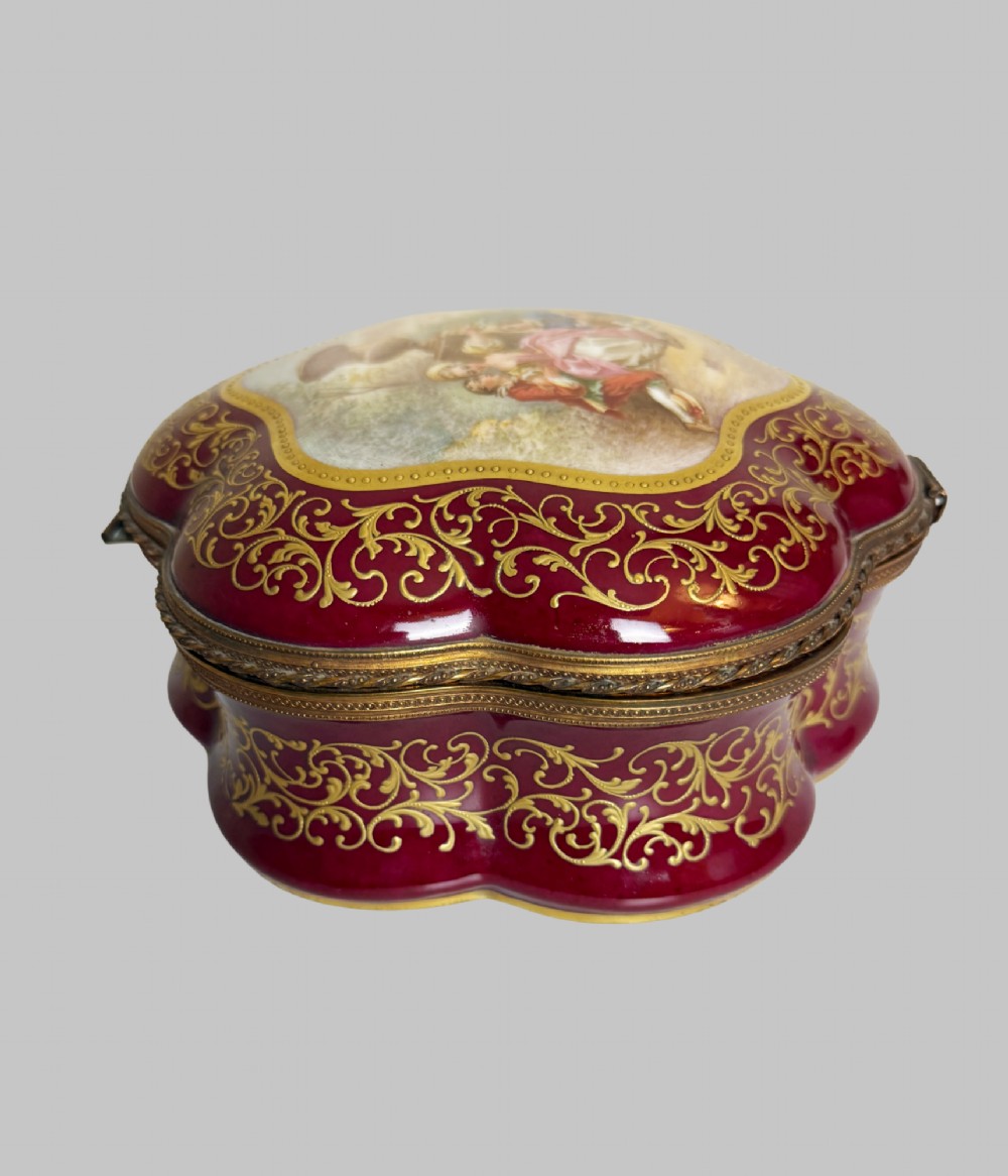 Antique Hand Painted Shaped Red Porcelain Box with Bronze Gilt Trim View II