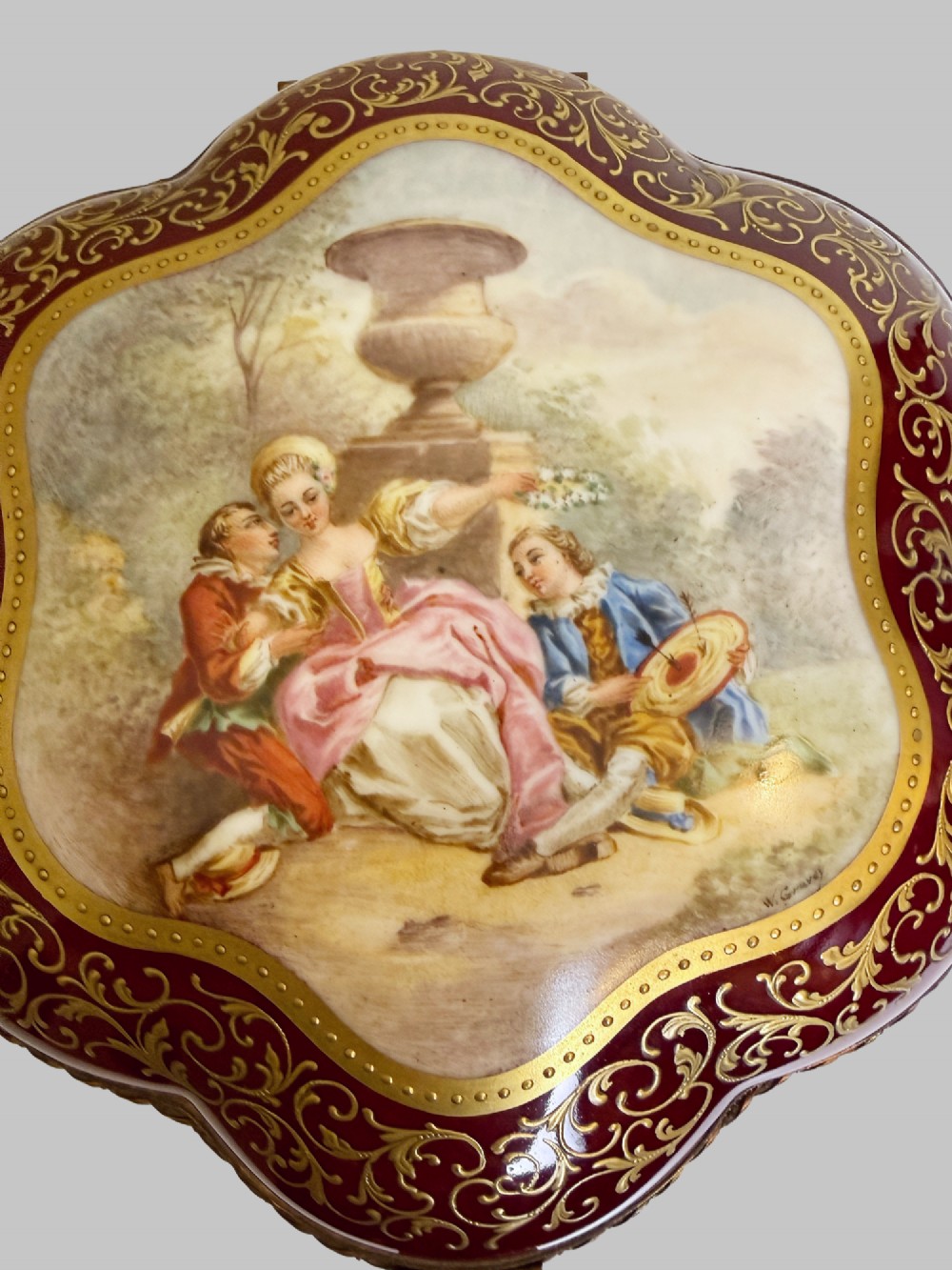 Antique Hand Painted Shaped Red Porcelain Box with Bronze Gilt Trim View III