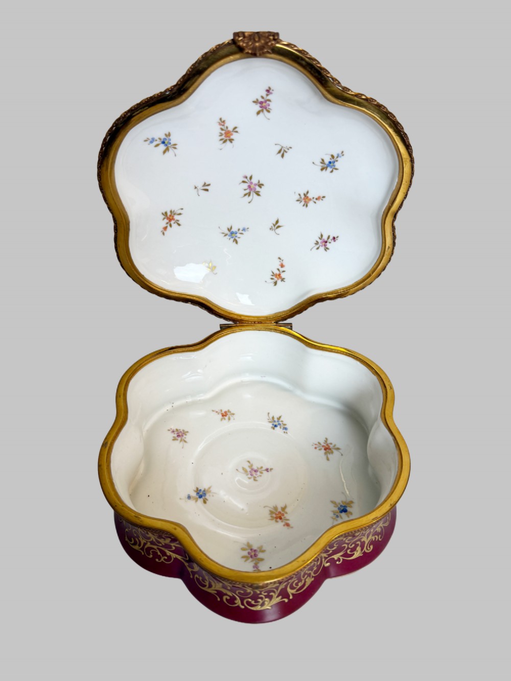 Antique Hand Painted Shaped Red Porcelain Box with Bronze Gilt Trim View VI
