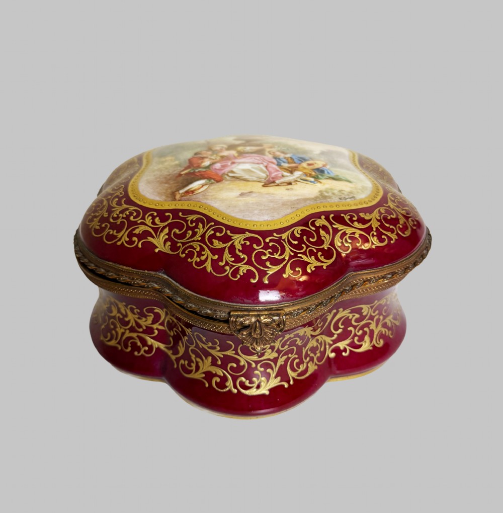 Antique Hand Painted Shaped Red Porcelain Box with Bronze Gilt Trim View X