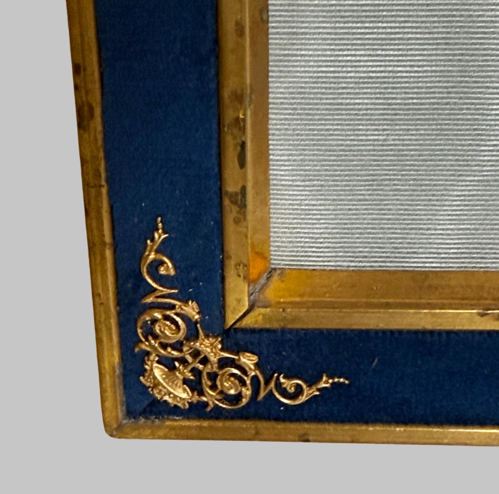 A rectangular gilt bronze picture frame featuring a blue velvet border, ornate corner mounts, and an elaborate floral crest at the top. View IX