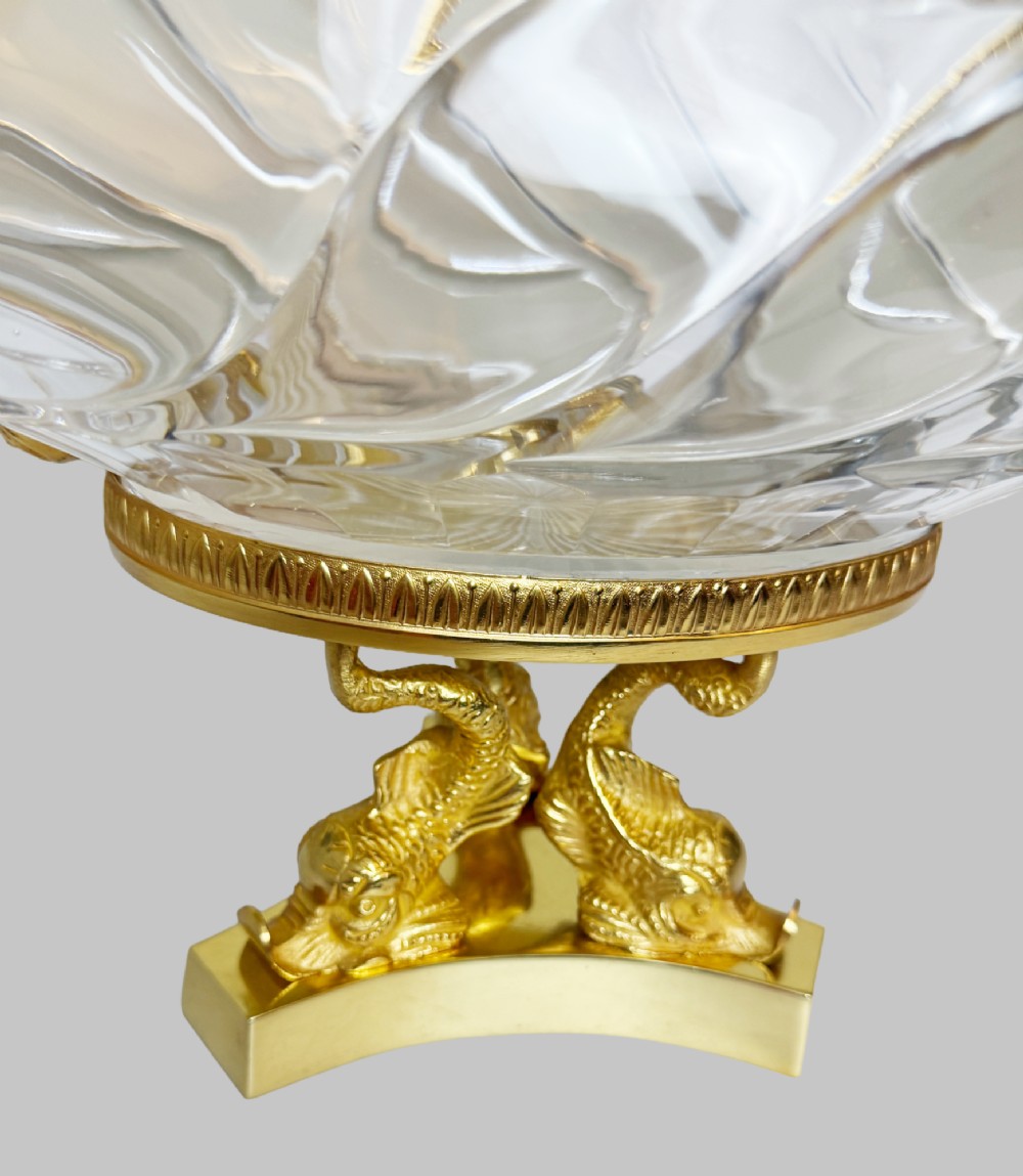 A 19th-century boat-shaped cut-crystal bowl with gilt-bronze swan-form handles and a pedestal base supported by gilt dolphins. View III