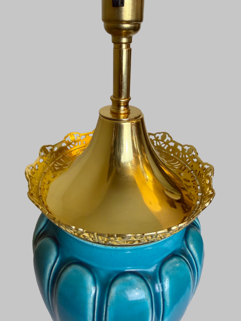 A 19th-century turquoise blue fluted porcelain table lamp with pierced gilt bronze base and collar trim. View III