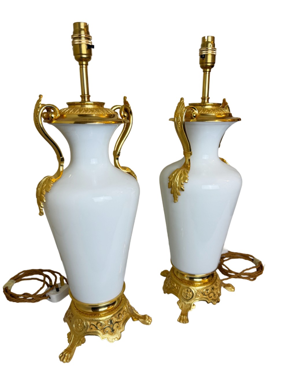 Late 19th C. Pair of White Glass Table Lamps with Gilt Bronze Trim