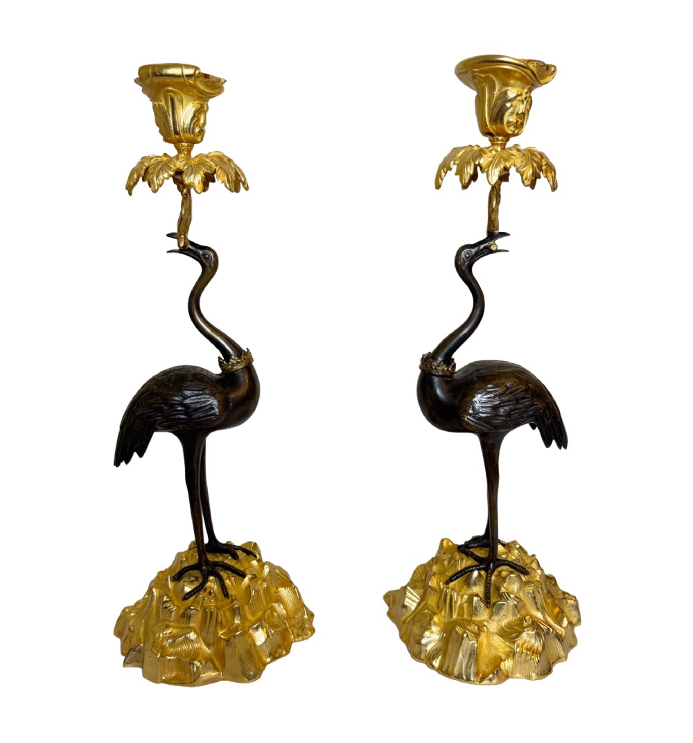Late 19th C. Pair of Gilt Bronze Candle Sticks with a Flamingo Motif