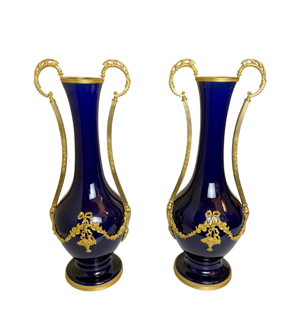 Pair of 19th C. Deep Blue Porcelain Vases w/ Gilt Bronze Trim