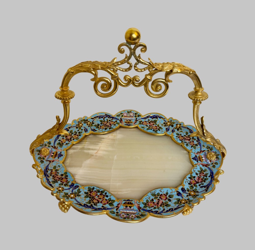An antique French gilt bronze centrepiece tray featuring a scalloped rim with light blue floral champleve enamel work, an onyx inset base, and an ornate scroll handle. View III