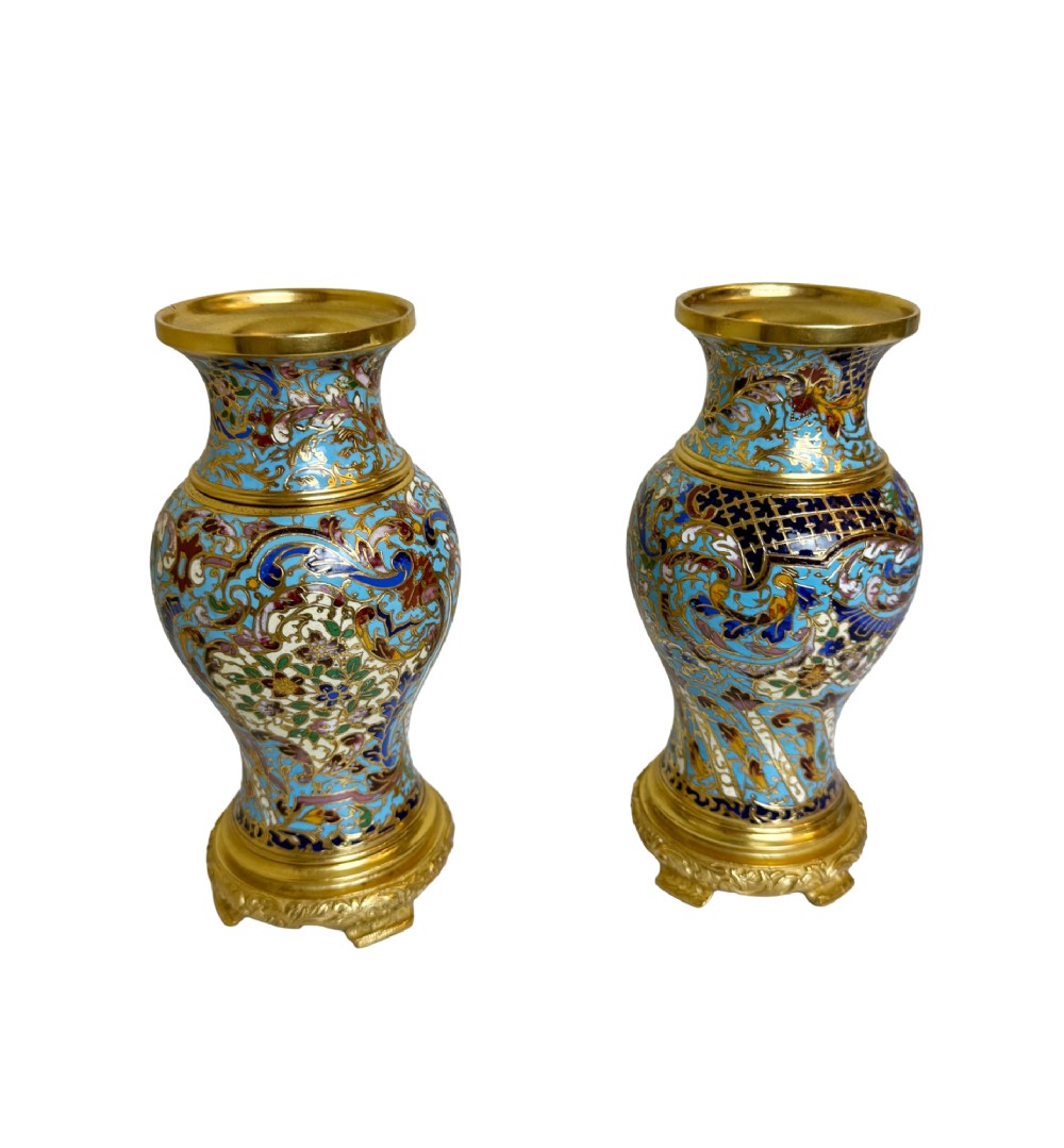Pair of 19th C. Gilt Bronze Champleve Vases