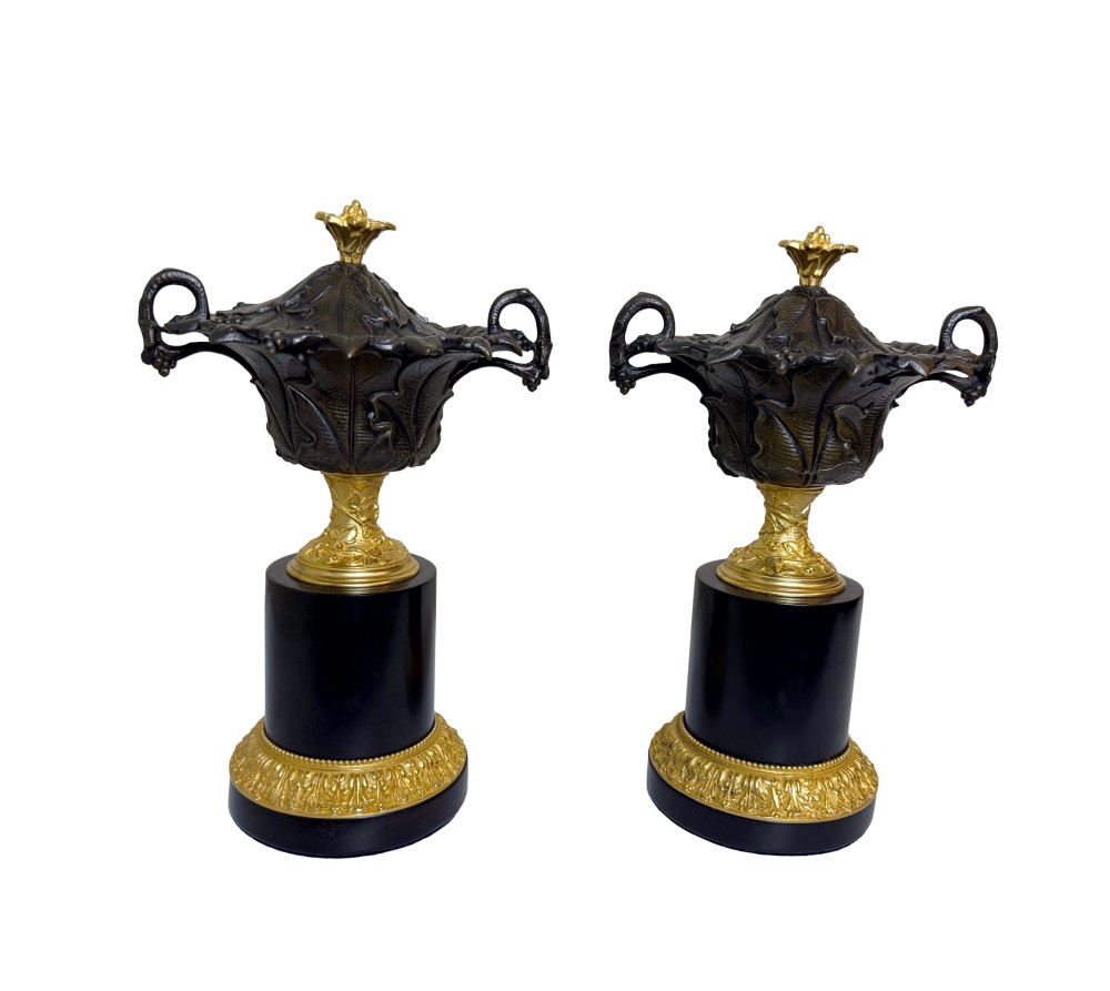 Late 19th C. Pair of Gilt Bronze Coupes on Marble Pedestal Bases