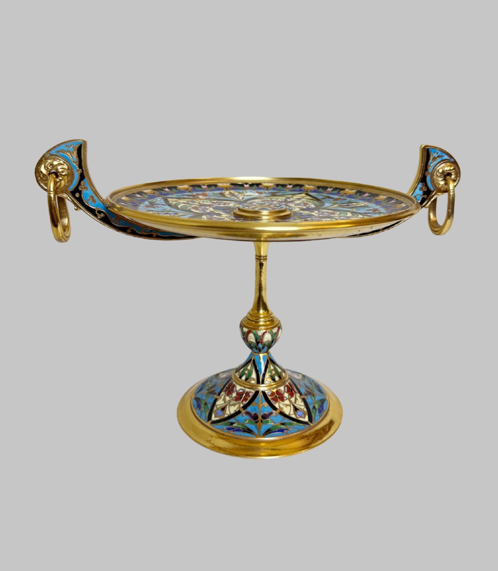 A 19th-century gilt bronze tazza featuring polychrome champleve enamel inlay across the shallow dish, pedestal foot, and side handles. View II
