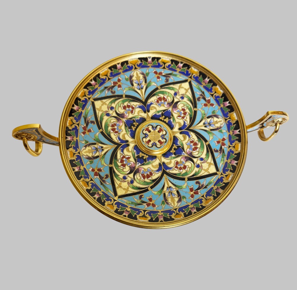 A 19th-century gilt bronze tazza featuring polychrome champleve enamel inlay across the shallow dish, pedestal foot, and side handles. View III