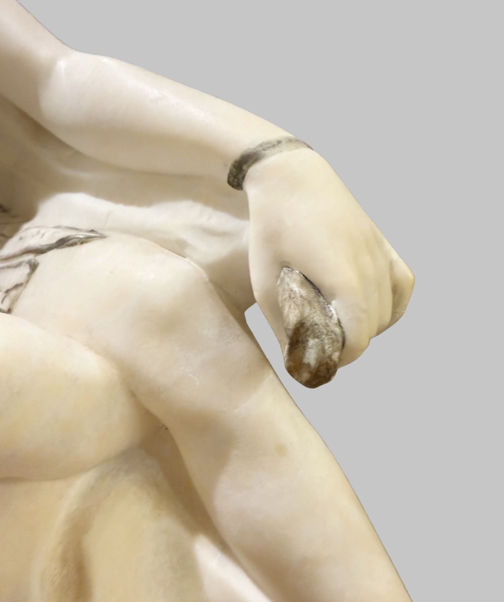 An Art Deco carved alabaster sculpture featuring a female dancer posed atop an illuminated marble orb resting on a shell-shaped pedestal base. View VII