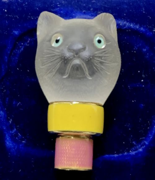 18K GOLD GUILLOCHE ENAMEL ROCK CRYSTAL 'CAT' PARASOL HANDLE - ADDITIONAL PHOTO 6