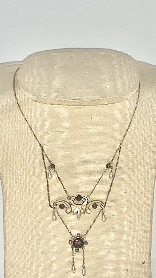 ANTIQUE VICTORIAN GARNET PEARL NECKLACE 9CT GOLD LAVALIERE - ADDITIONAL PHOTO 1