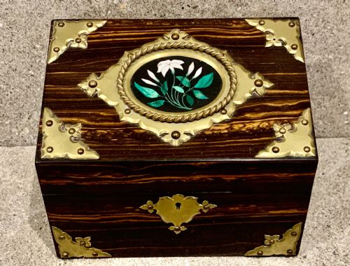 A FINE VICTORIAN COROMANDEL BRASS BOUND PIETRA DURA STATIONARY BOX BY CG HOPE HASTINGS - ADDITIONAL PHOTO 4