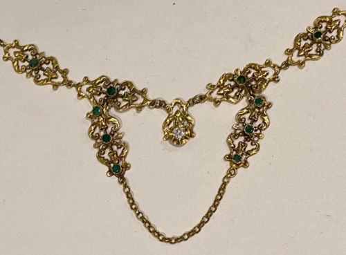 A FANCY ANTIQUE VICTORIAN EMERALD DIAMOND YELLOW GOLD HANDCRAFTED L AVALIERE NECKLACE - ADDITIONAL PHOTO 11