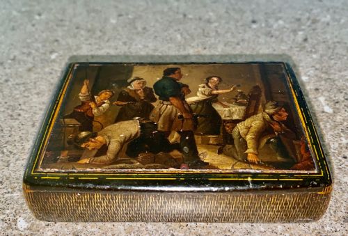 EARLY 19TH CENTURY LARGE HAND PAINTED STOBWASSER TYPE PAPIER MACHE TABLE SNUFF BOX C1820 - ADDITIONAL PHOTO 11