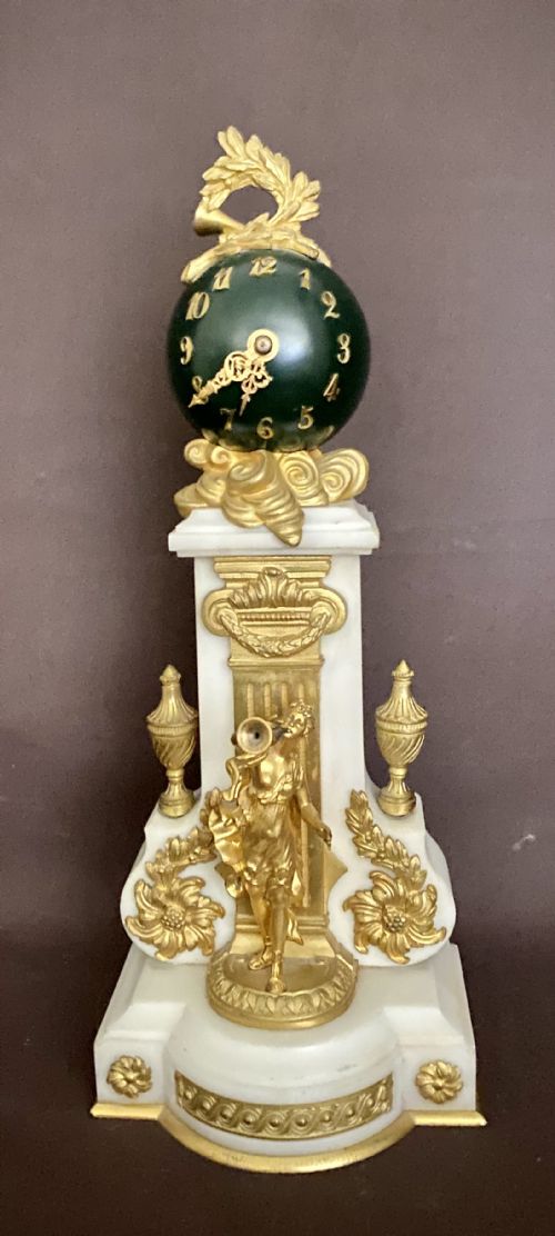 ANTIQUE FRENCH WHITE MARBLE PATINATED BRONZE AND ORMOLU GLOBE CLOCK - ADDITIONAL PHOTO 23