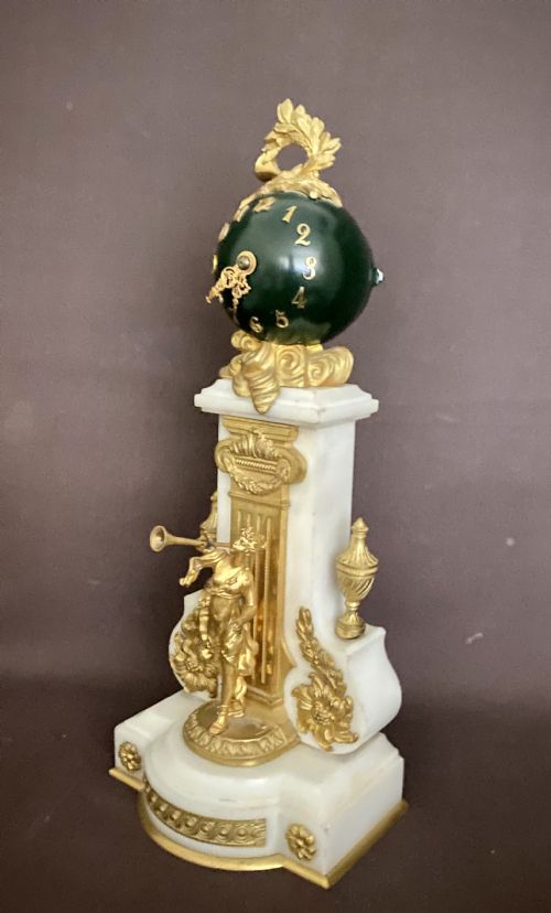 ANTIQUE FRENCH WHITE MARBLE PATINATED BRONZE AND ORMOLU GLOBE CLOCK - ADDITIONAL PHOTO 1