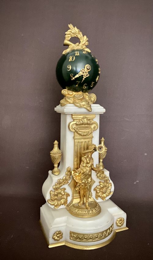 ANTIQUE FRENCH WHITE MARBLE PATINATED BRONZE AND ORMOLU GLOBE CLOCK - ADDITIONAL PHOTO 2