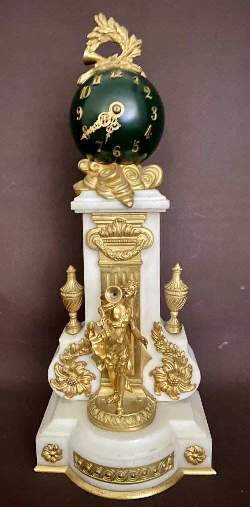 ANTIQUE FRENCH WHITE MARBLE PATINATED BRONZE AND ORMOLU GLOBE CLOCK - ADDITIONAL PHOTO 4