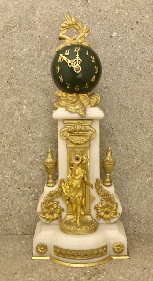 ANTIQUE FRENCH WHITE MARBLE PATINATED BRONZE AND ORMOLU GLOBE CLOCK - ADDITIONAL PHOTO 3