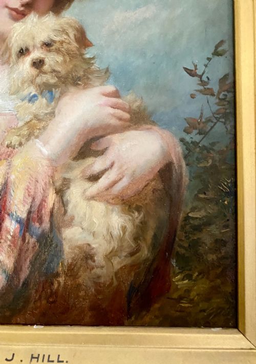 JAMES JOHN HILL RBA 1811 1882 A LADY AND HER DOG OIL ON CANVAS - ADDITIONAL PHOTO 9