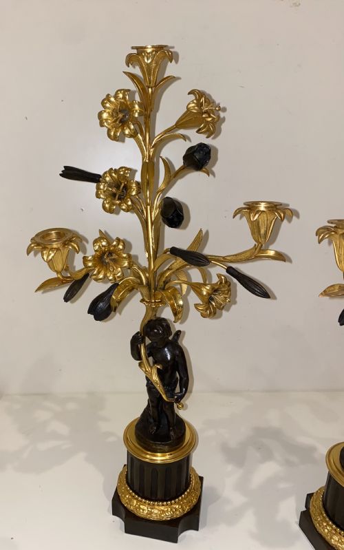 A LARGE FINE PAIR OF FRENCH GILT PATINATED BRONZE ORMOLU 3 LIGHT CHERUB CANDELABRA - ADDITIONAL PHOTO 13