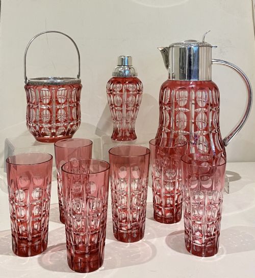 LARGE CRANBERRY CUT GLASS SILVER COCKTAIL SET - ADDITIONAL PHOTO 4