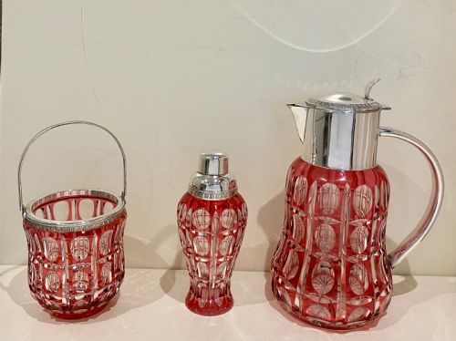 LARGE CRANBERRY CUT GLASS SILVER COCKTAIL SET - ADDITIONAL PHOTO 5