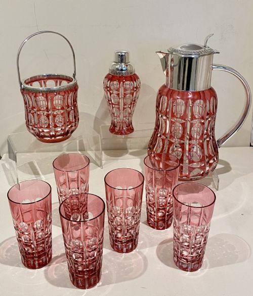 LARGE CRANBERRY CUT GLASS SILVER COCKTAIL SET - ADDITIONAL PHOTO 21