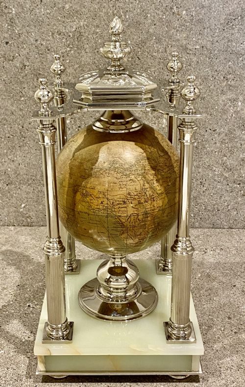 ANTIQUE TERRESTRIAL GLOBE CLOCK SILVER AND PALE ONYX FRENCH CIRCA 1890 - ADDITIONAL PHOTO 3