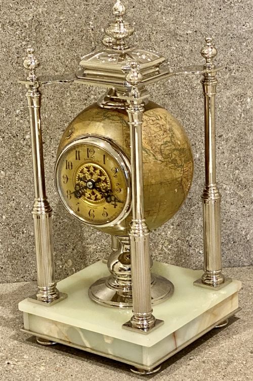 ANTIQUE TERRESTRIAL GLOBE CLOCK SILVER AND PALE ONYX FRENCH CIRCA 1890 - ADDITIONAL PHOTO 4