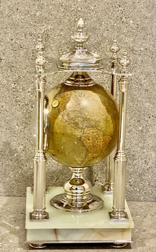 ANTIQUE TERRESTRIAL GLOBE CLOCK SILVER AND PALE ONYX FRENCH CIRCA 1890 - ADDITIONAL PHOTO 12