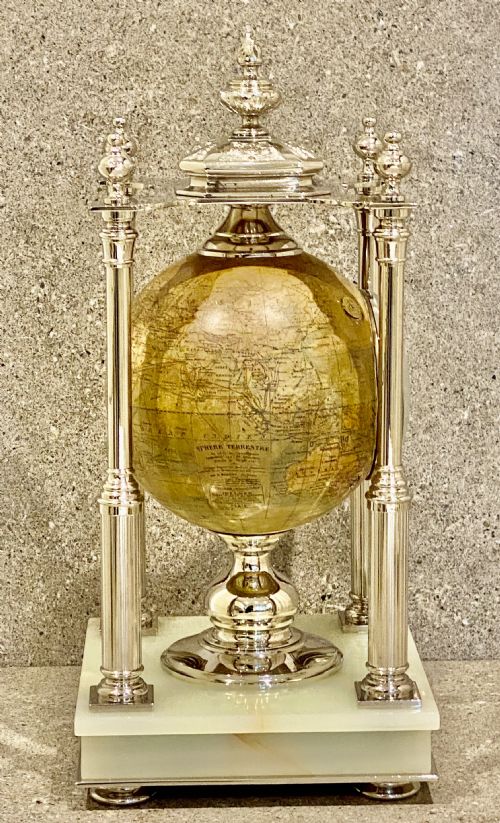 ANTIQUE TERRESTRIAL GLOBE CLOCK SILVER AND PALE ONYX FRENCH CIRCA 1890 - ADDITIONAL PHOTO 13